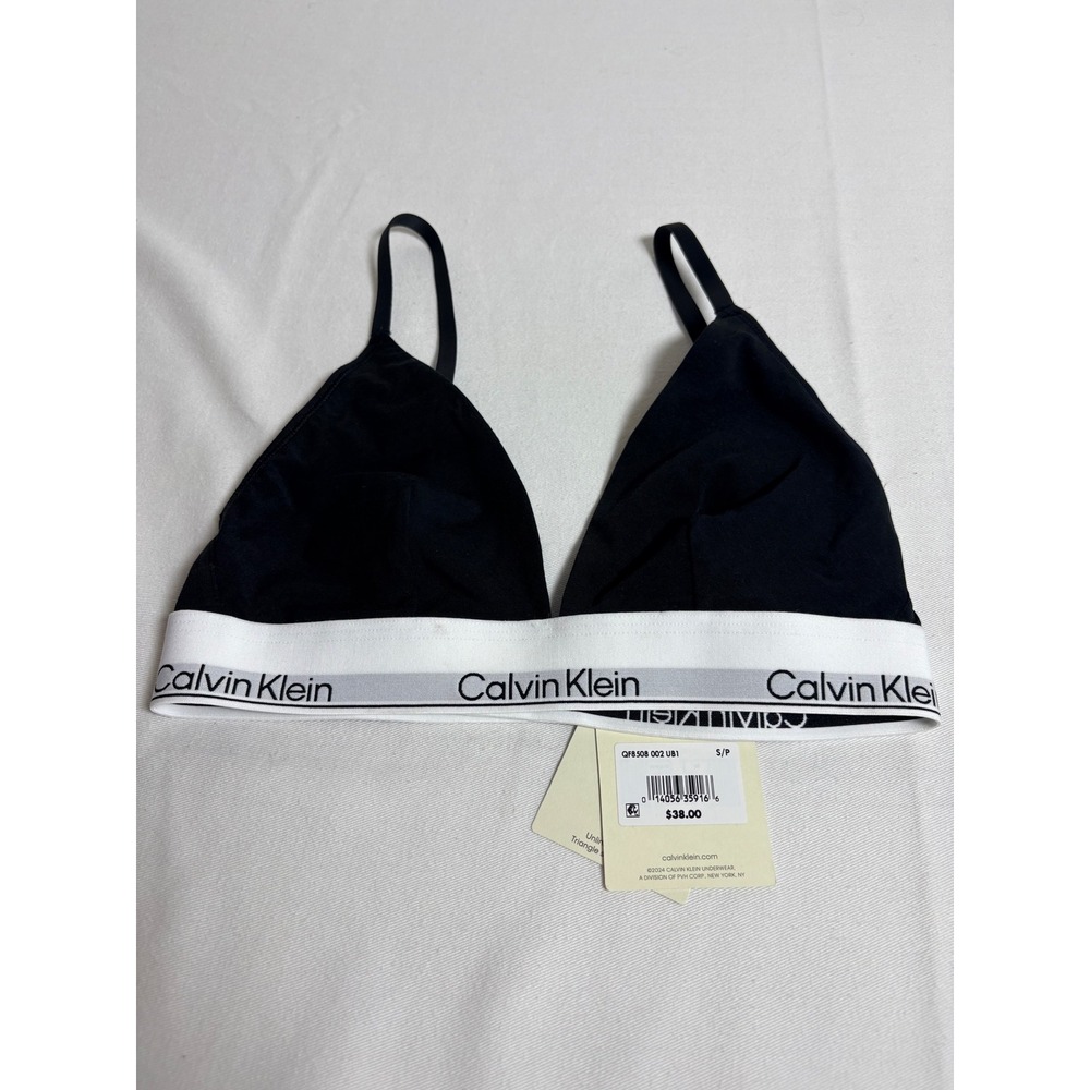 Calvin Klein Triangle Bralette Small Black NEW Modern Cotton Logo Band QF8508
